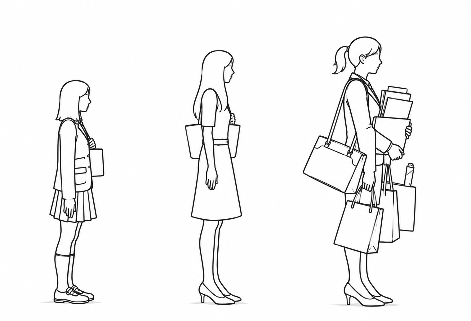 少女、若い女性、荷物をたくさん持った大人の女性